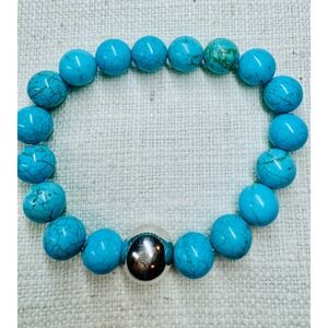 HOB 925 Sterling Silver Turquoise Colored Howlite 10mm Beaded Stretch Bracelet